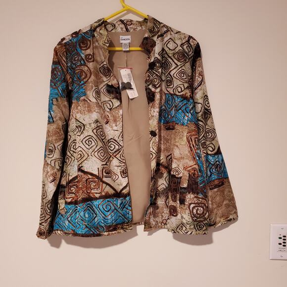 NWT Chico’s 100% Silk Abstract Print Jacket Sz 3 (XL/16) Brown/Teal - Picture 2 of 6
